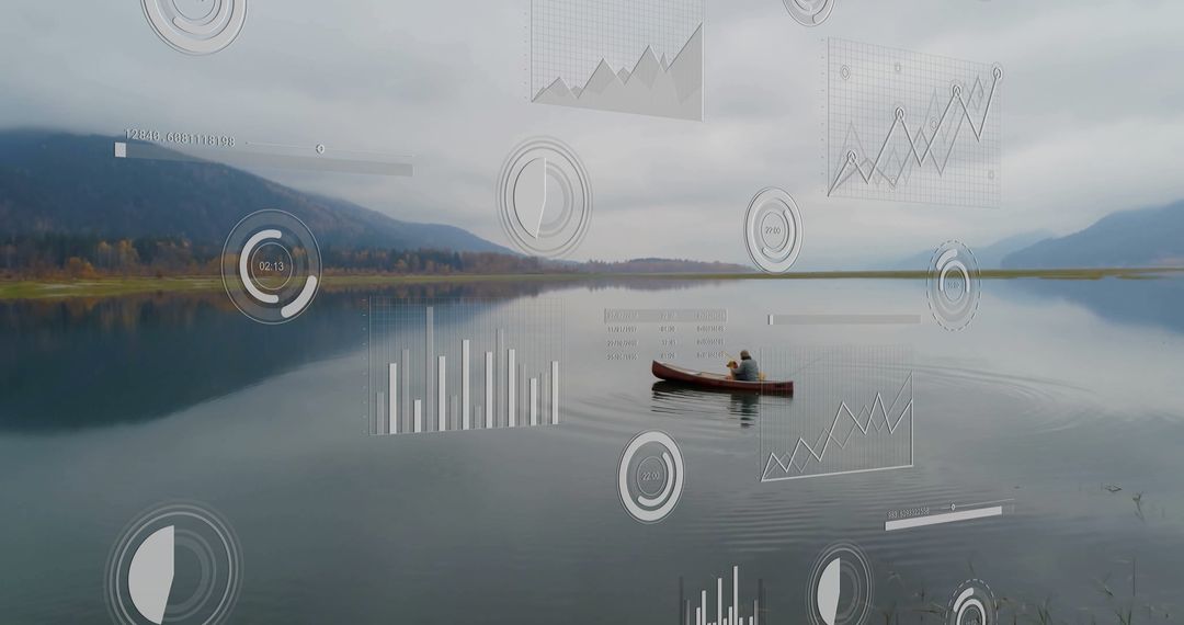 Man Canoeing on Lake with Data Infographics Overlay