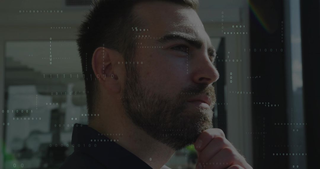 Contemplative Businessman at Office Window with Digital Binary Code Overlay