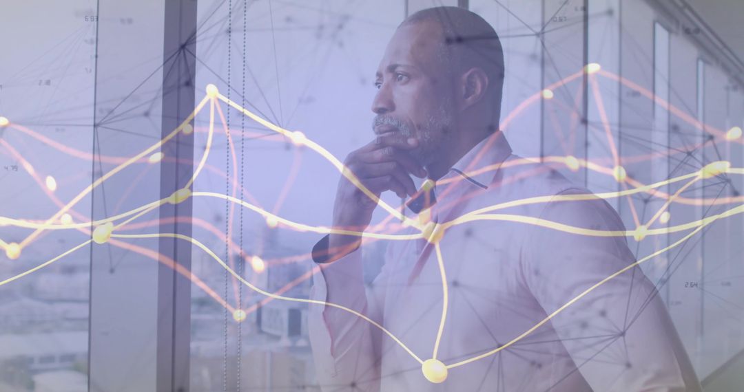 Pensive Businessman Analyzing Digital Data on Modern Skyline