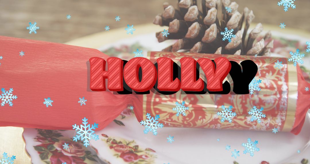 Festive Holly Text on Christmas Gift With Pine Cone and Snowflakes