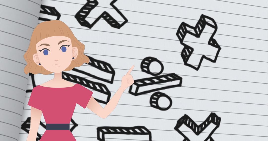 Animated Woman Explaining Math Symbols on Notebook Background