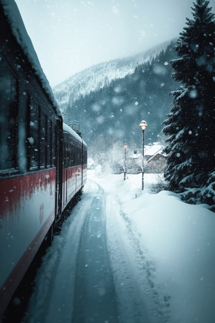 Train Traveling Through Snowy Mountain Landscape at Dusk - Free Images, Stock Photos and Pictures on Pikwizard.com