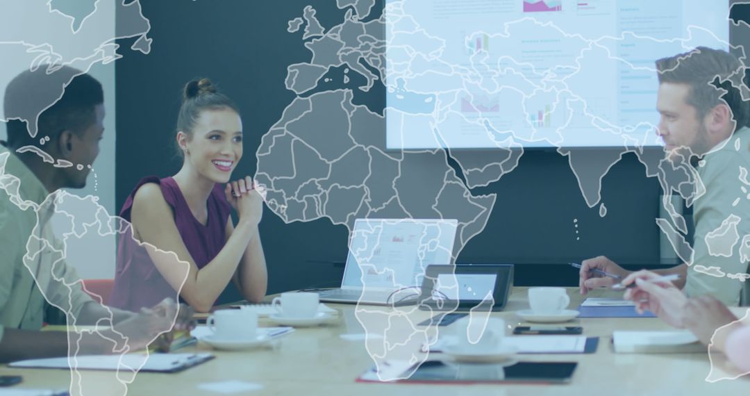 Diverse Team Discussing Strategy with Digital World Map Overlay