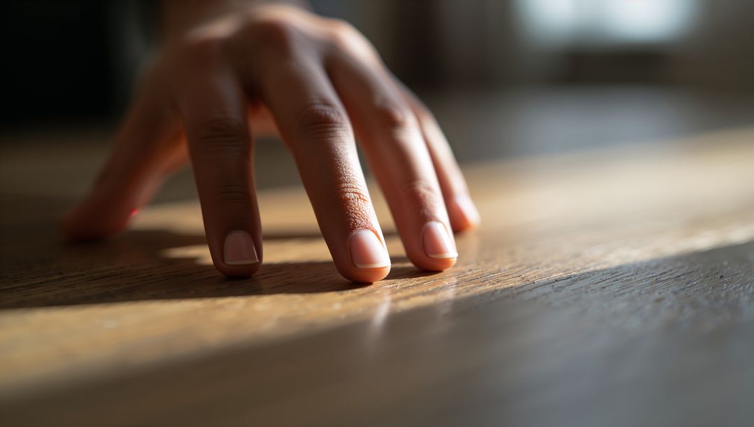 Resting Hand Pressing Fingertips on Sunlit Wooden Tabletop Closeup of Texture and Warmth