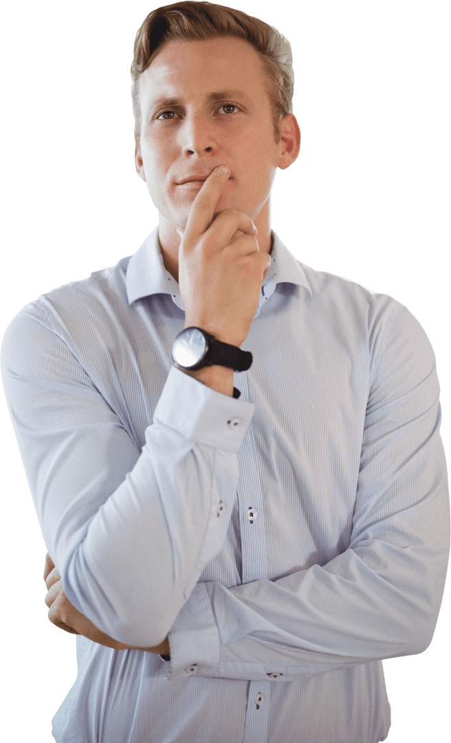 Thoughtful Young Man in Transparent Background with Watch