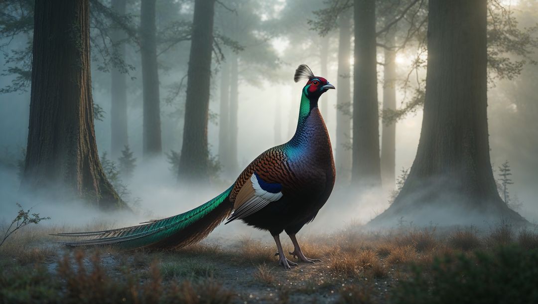Beautiful pheasant-like bird animal with iridescent plumage in misty forest