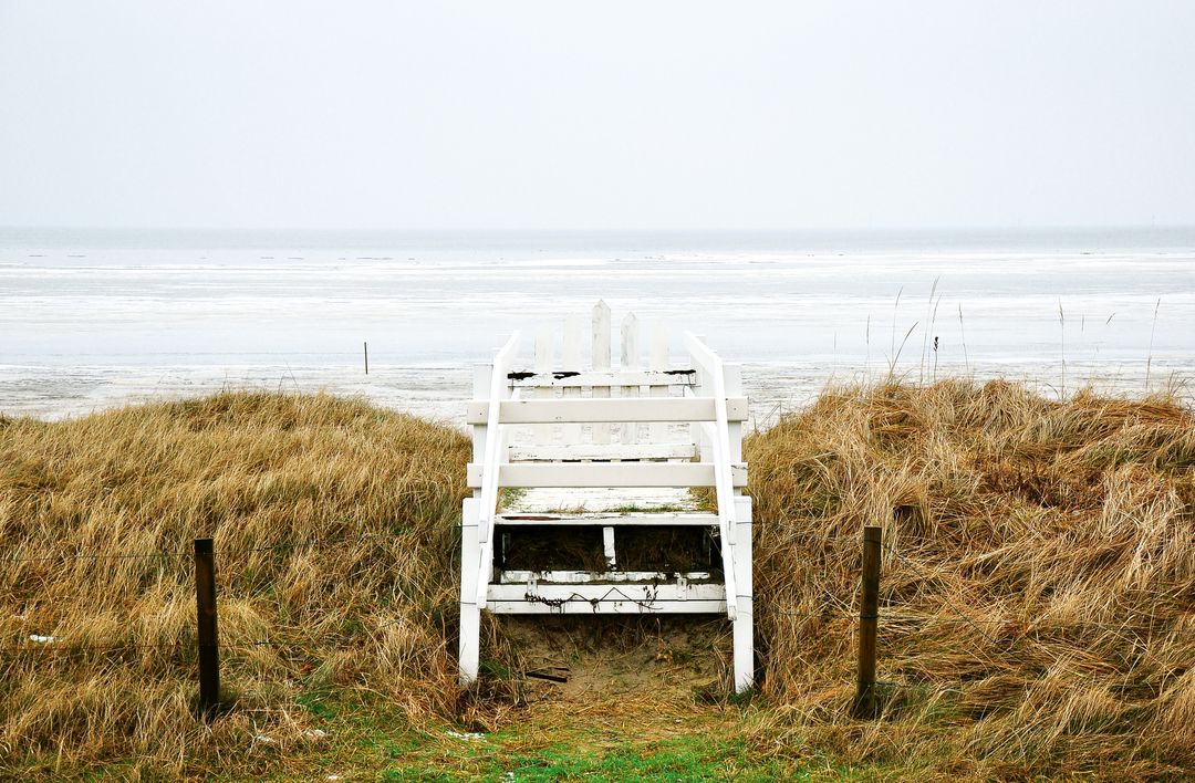 Rustic Staircase Leading to Tranquil Beach on a Cloudy Day - Free Images, Stock Photos and Pictures on Pikwizard.com