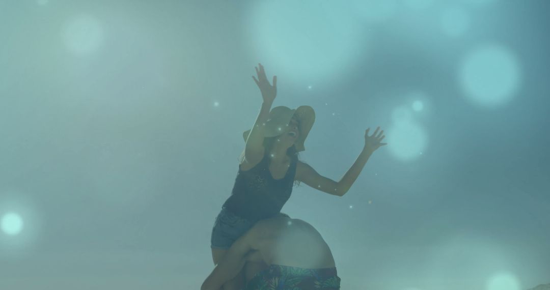 Playful Couple Piggyback Ride in Vibrant Studio with Dreamy Filters