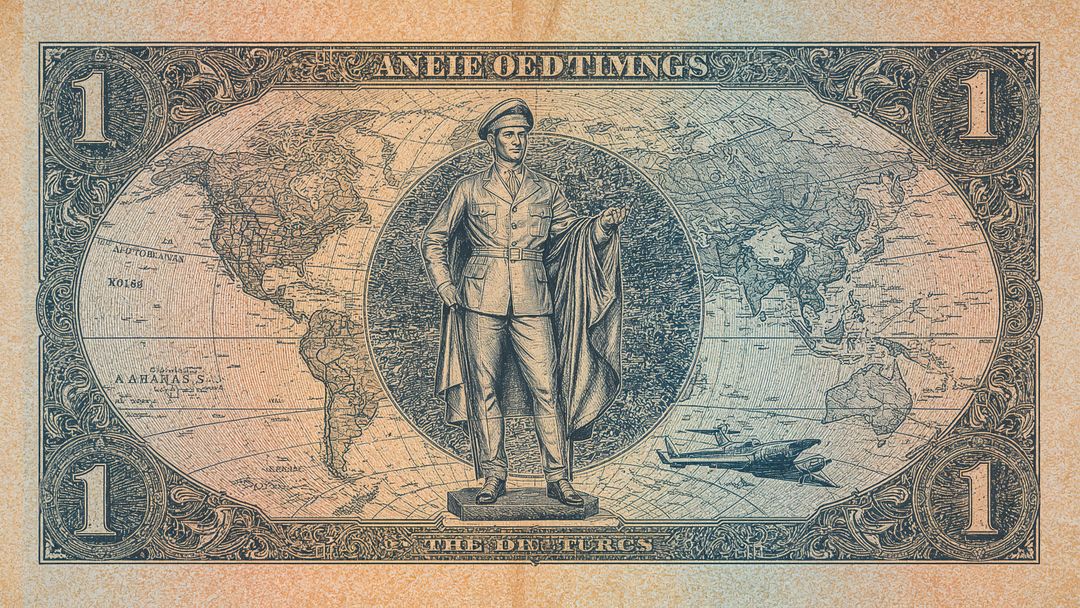 Vintage Banknote Design with Cloaked Statue and Globe Motif