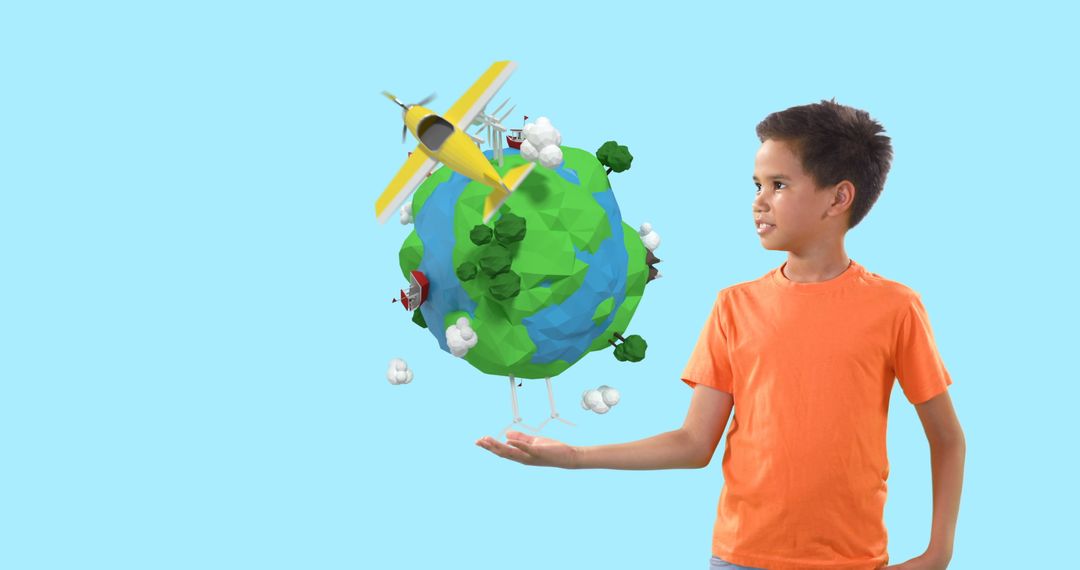 Boy Holding Miniature Earth with Plane and Trees - Free Images, Stock Photos and Pictures on Pikwizard.com