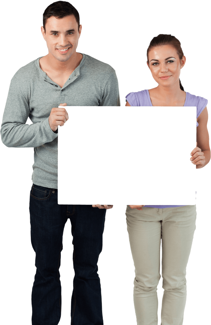 Attractive Couple Holding Blank Transparent Card for Advertisement