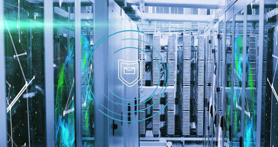 Illuminated Data Center Corridor with Cybersecurity Interface Icon