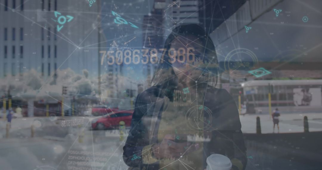 Digital Connections Overlay with Businesswoman Using Smartphone