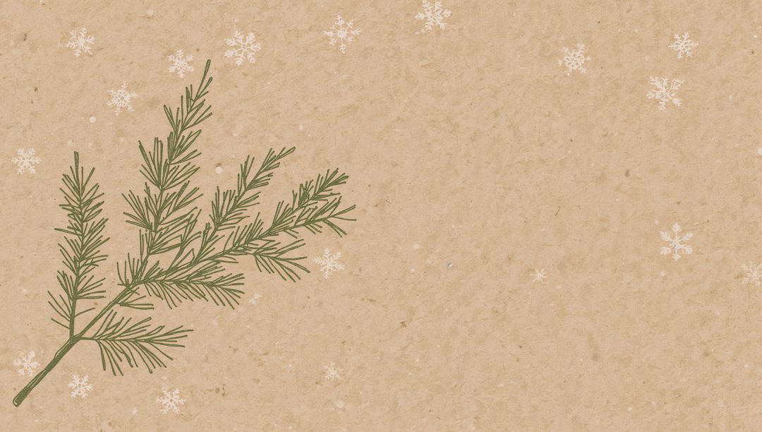 Minimal Kraft Paper Pine Branch with White Snowflakes and Wide Copy Space