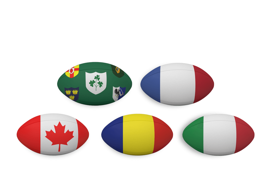 Colorful Rugby Balls Displaying National Flags on Transparent Background