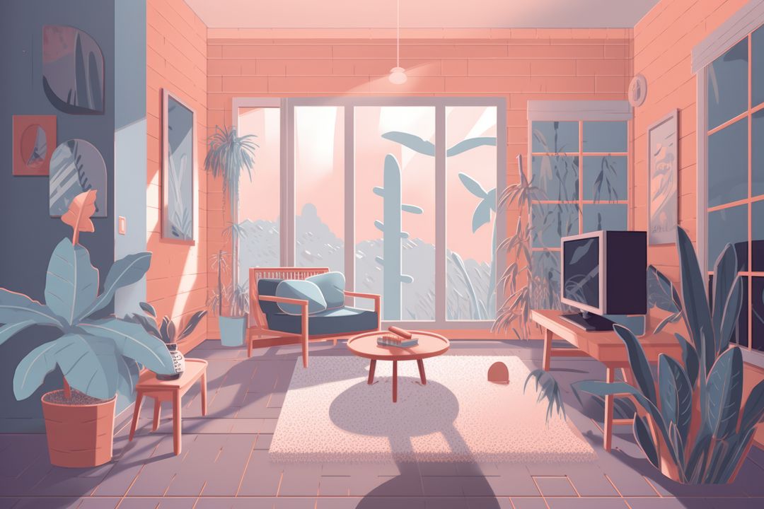 General view of living room in pastel colours, created using generative ai technology - Free Images, Stock Photos and Pictures on Pikwizard.com