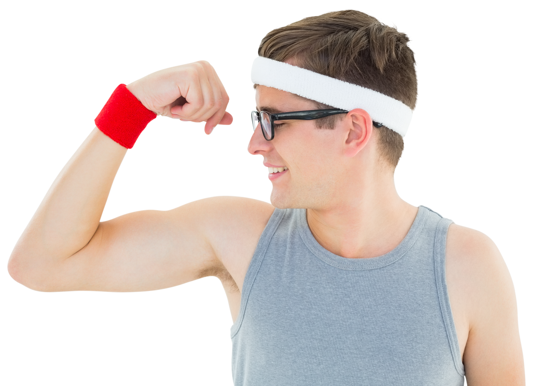 Transparent image of geeky hipster flexing arm in sportswear with wristband - Download Free Stock Images Pikwizard.com