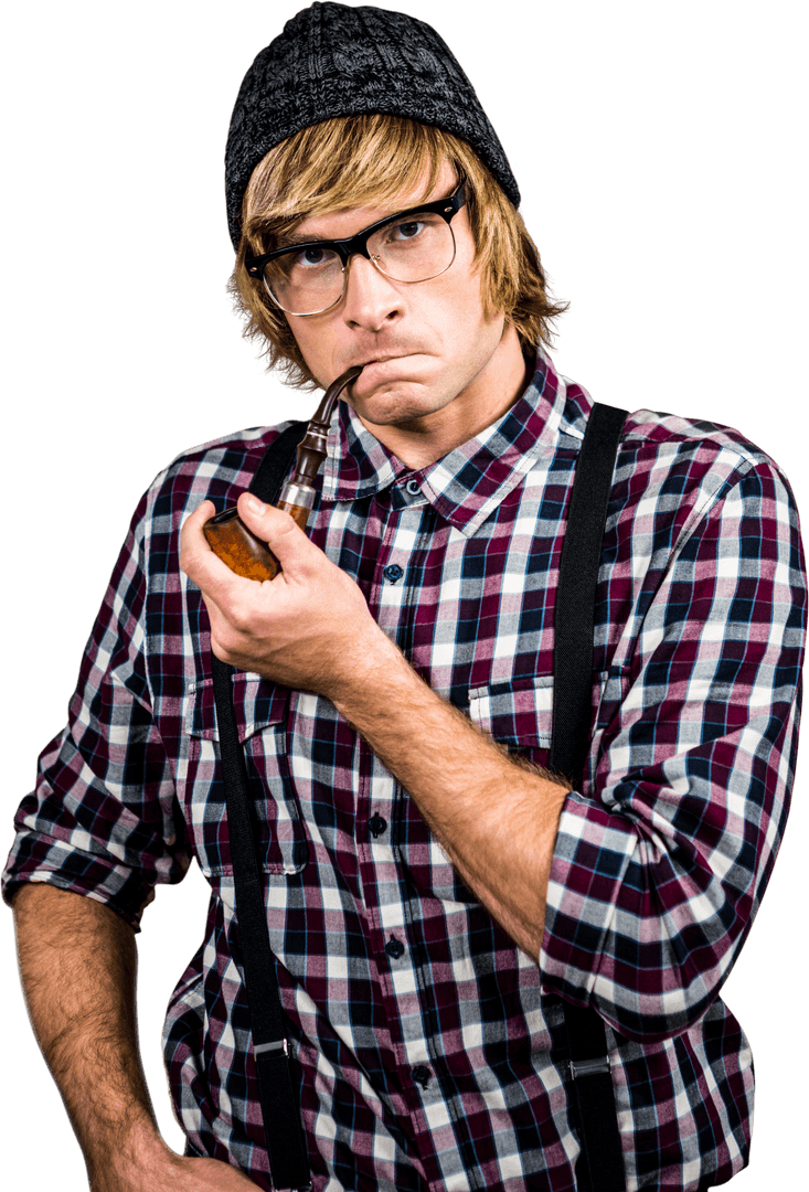 Transparent Blond Hipster in Plaid Shirt Smoking Pipe