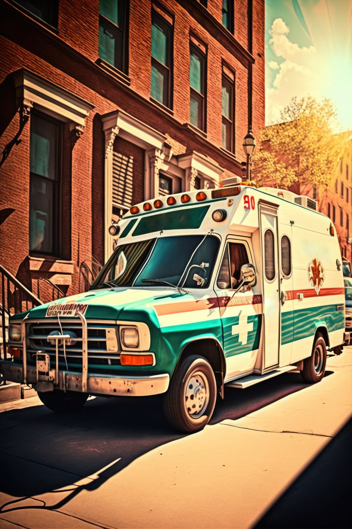 Ambulance parked in street with sunshine, created using generative ai technology - Free Images, Stock Photos and Pictures on Pikwizard.com