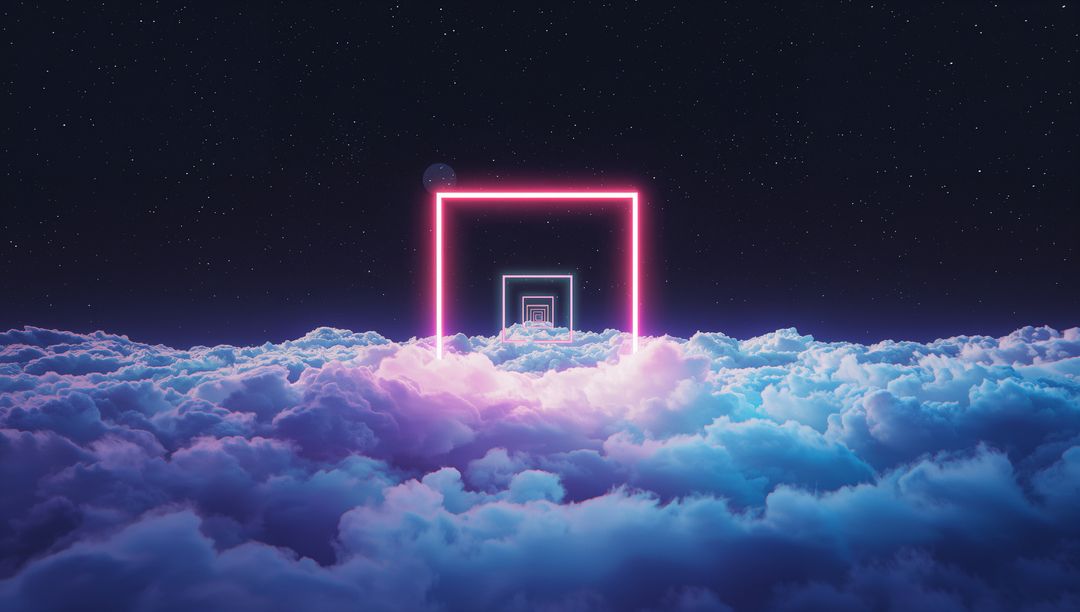 Cosmic Neon Portal in Cloudscape Night Sky
