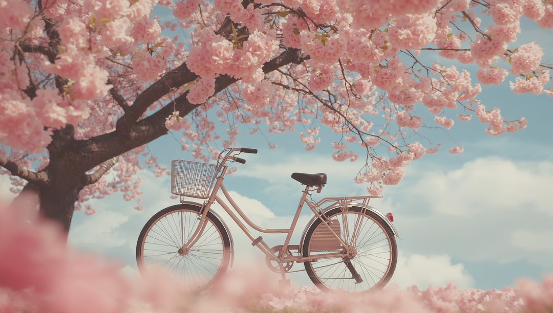 Pastel Bicycle Under Blossom Tree Evoking Spring Tranquility