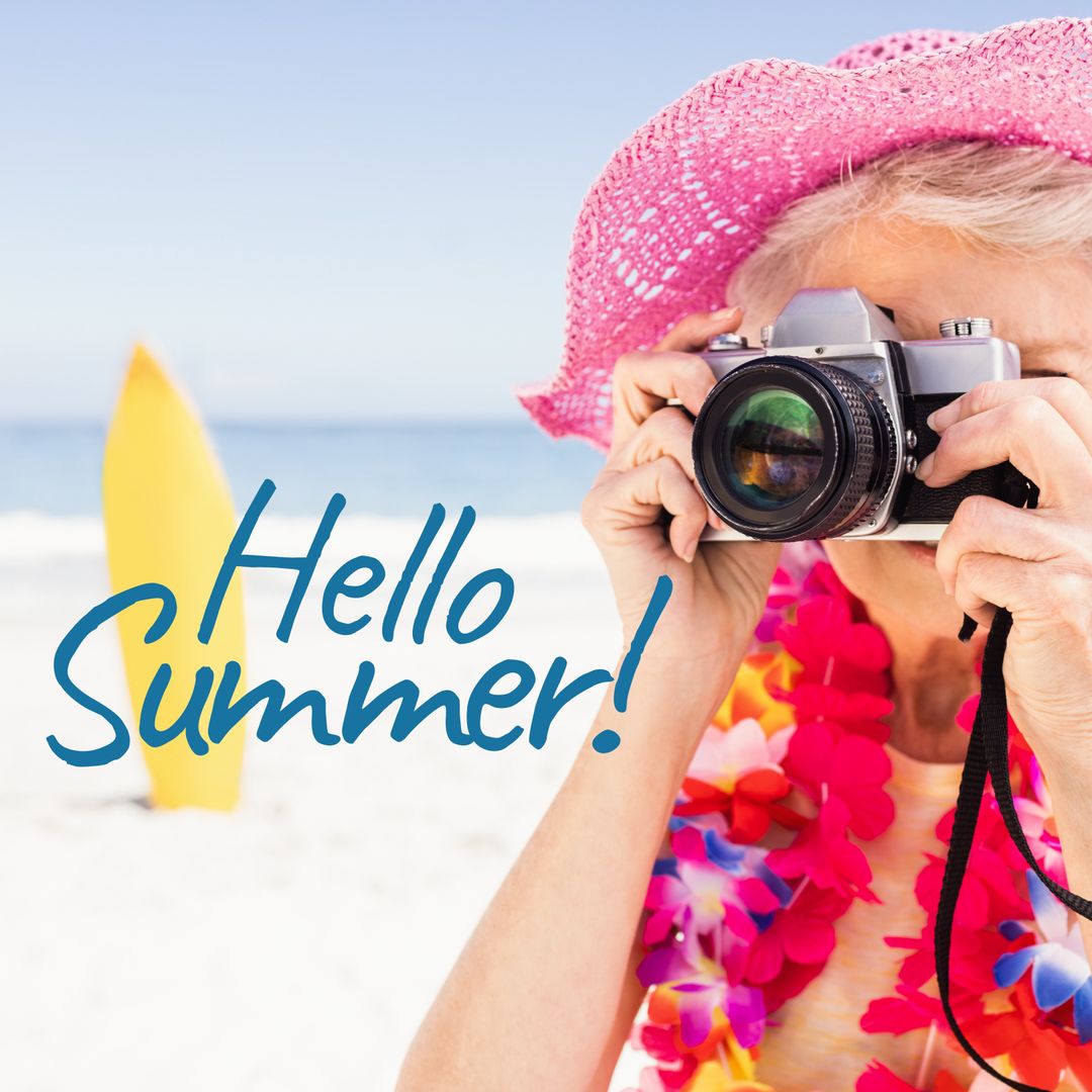 Senior Woman Embraces Summer with Camera on Tropical Beach