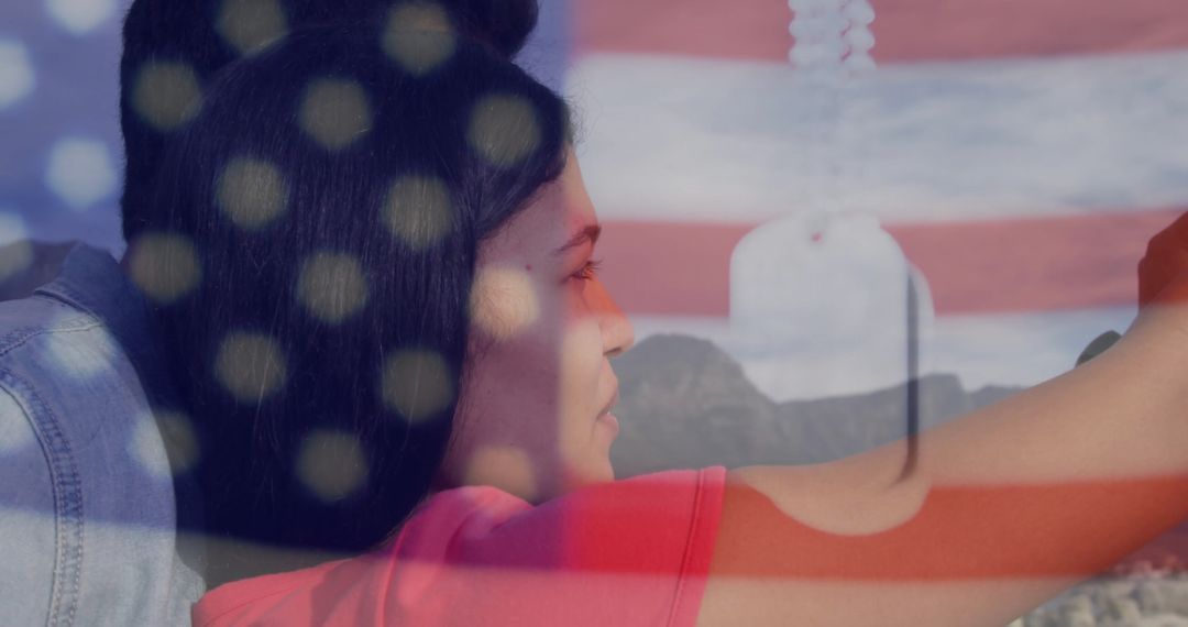 Couple with Dog Tags and Flag Overlay Embracing Adventure