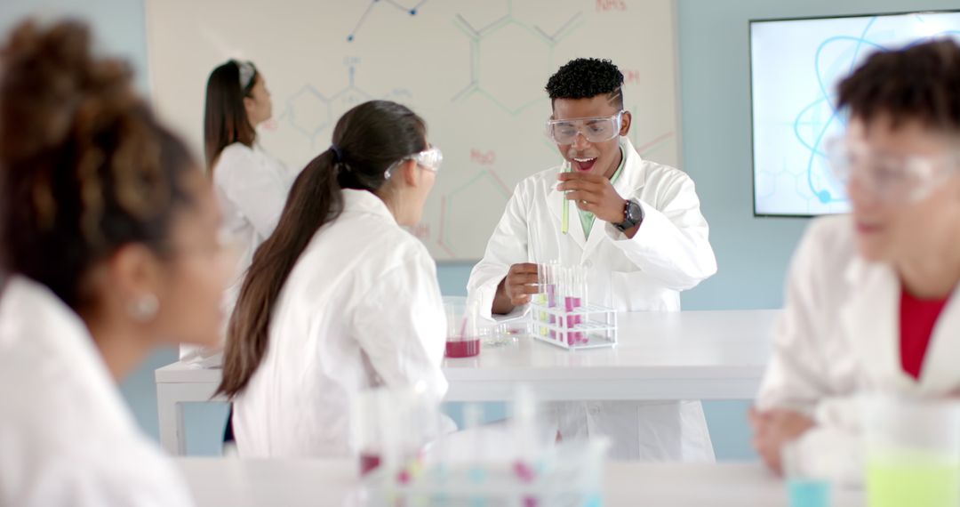 Diverse High School Students Engaging in Chemistry Class Experiment