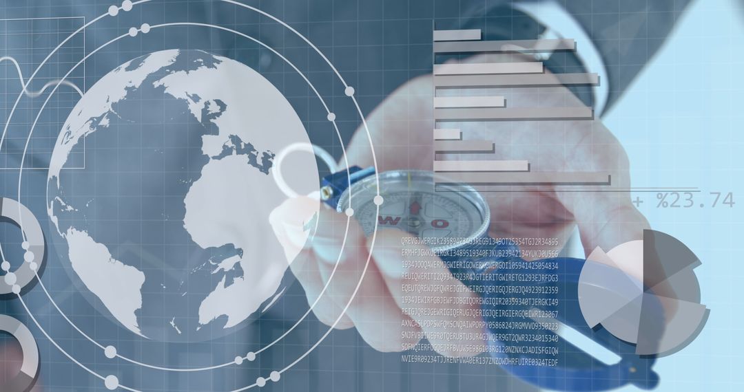 Businessman Holding Compass with Global Data Visualization