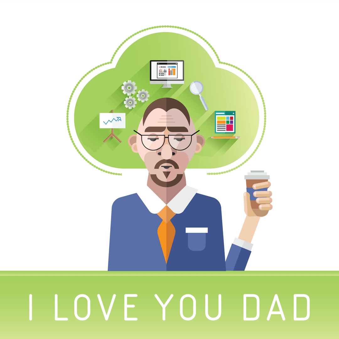 Playful I Love You Dad Greeting with Cartoon Gentleman Holding Coffee