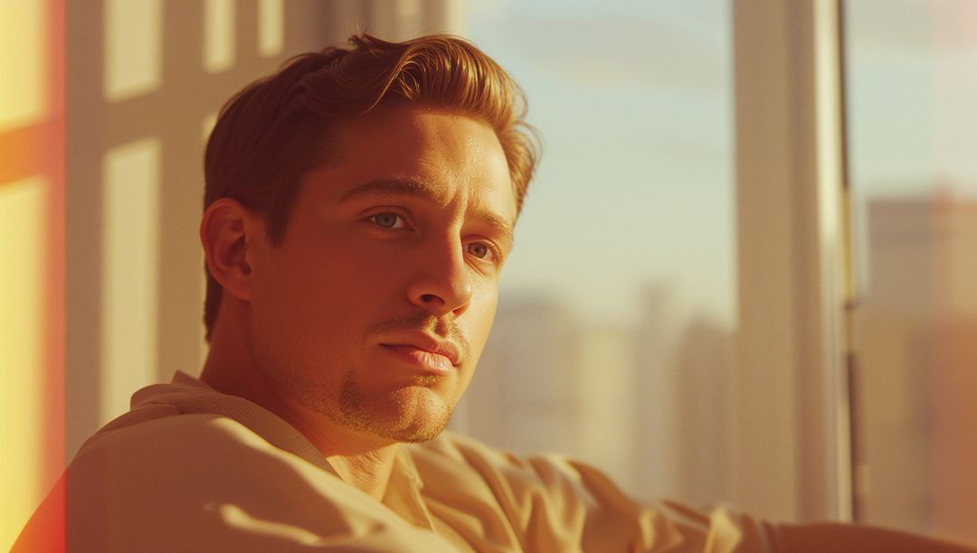 Serene Reflection of Man Lounging in Warmly Lit Urban Atmosphere