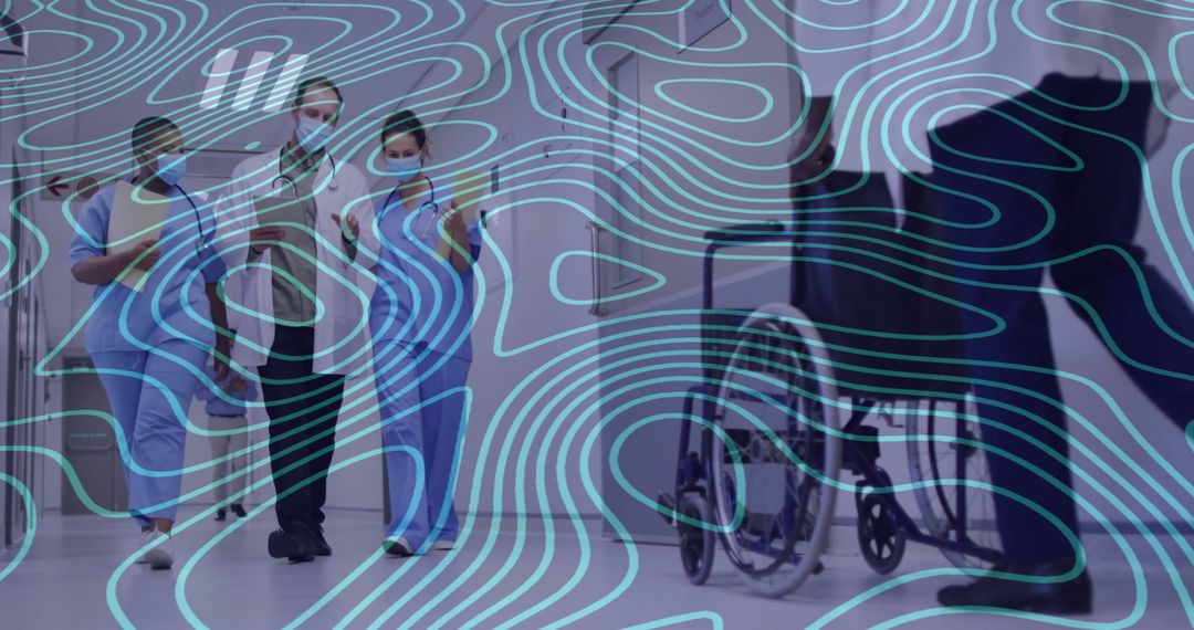 Medical Team Collaborating in Hospital Corridor with Overlay Effect