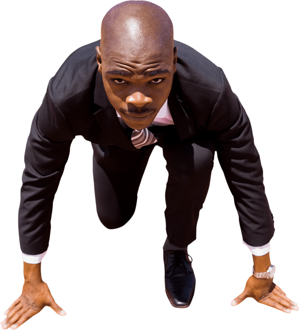 Determined African American Businessman Sprinting on Transparent Background