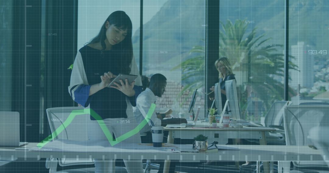 Modern Office with Technology Overlay Featuring Collaborative Teamwork