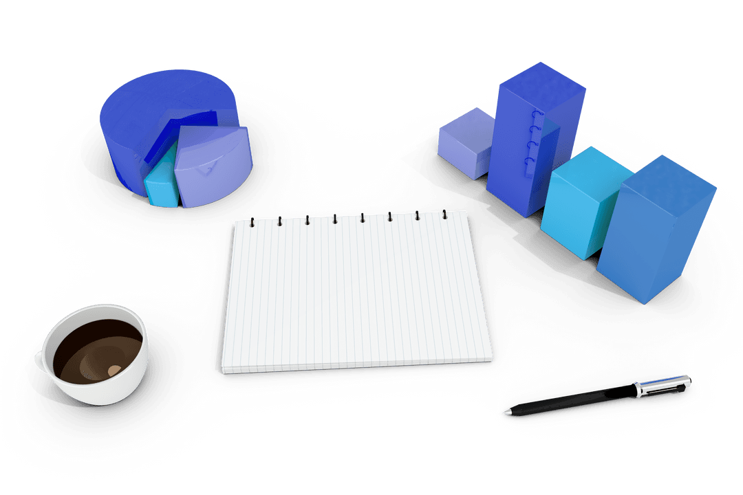 Blue Charts with Coffee and Office Supplies on Transparent Background