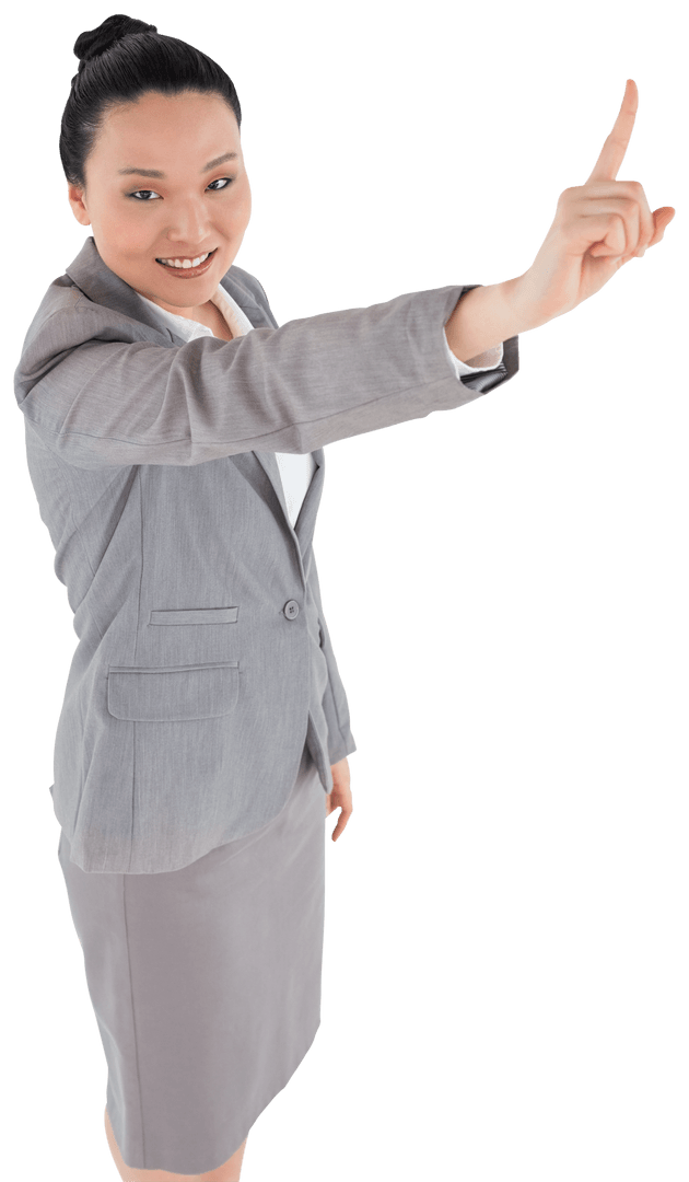 Smiling Businesswoman Interacting with Transparent Virtual Display