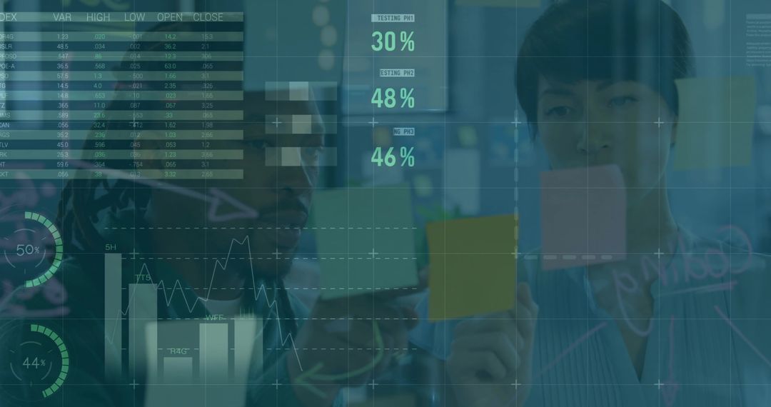 Team Collaborating on Glass Wall with Sticky Notes and Data Overlays for Project Planning