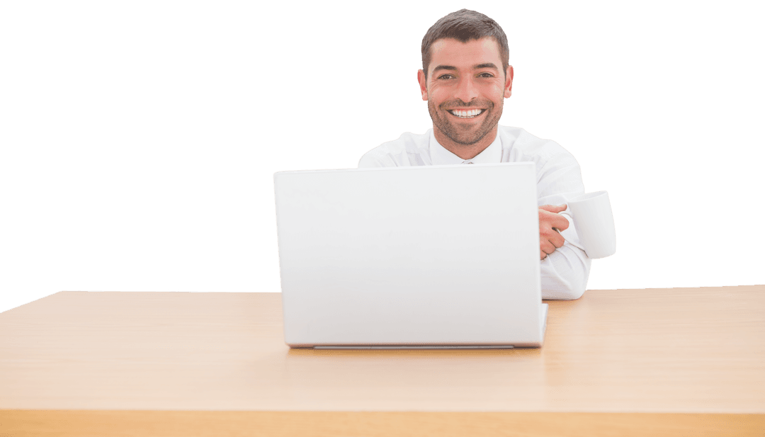 Smiling Businessman with Coffee Cup at Desk on Transparent Background