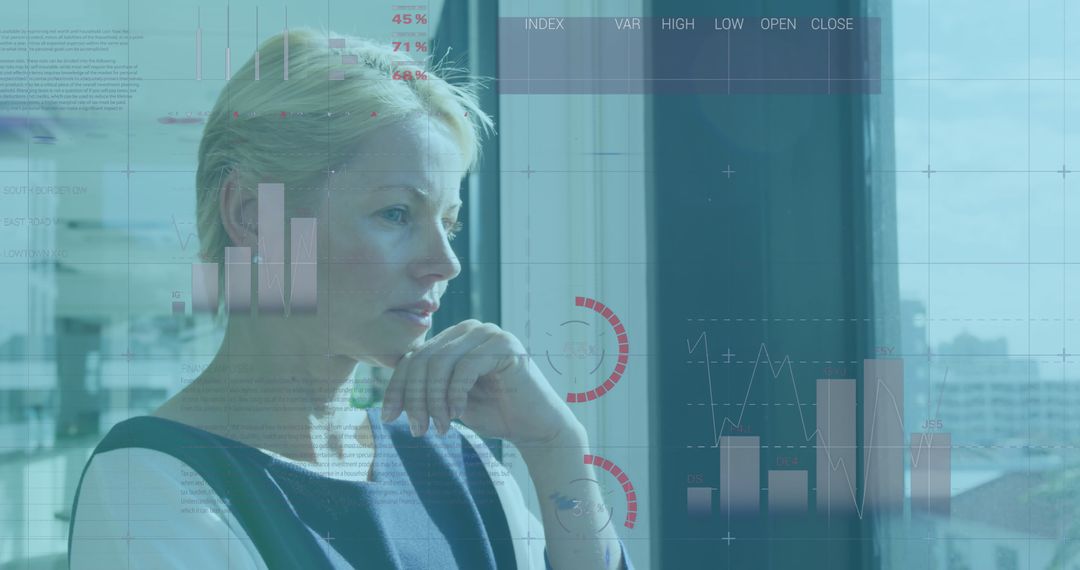 Caucasian Businesswoman Analyzing Financial Data on Screen