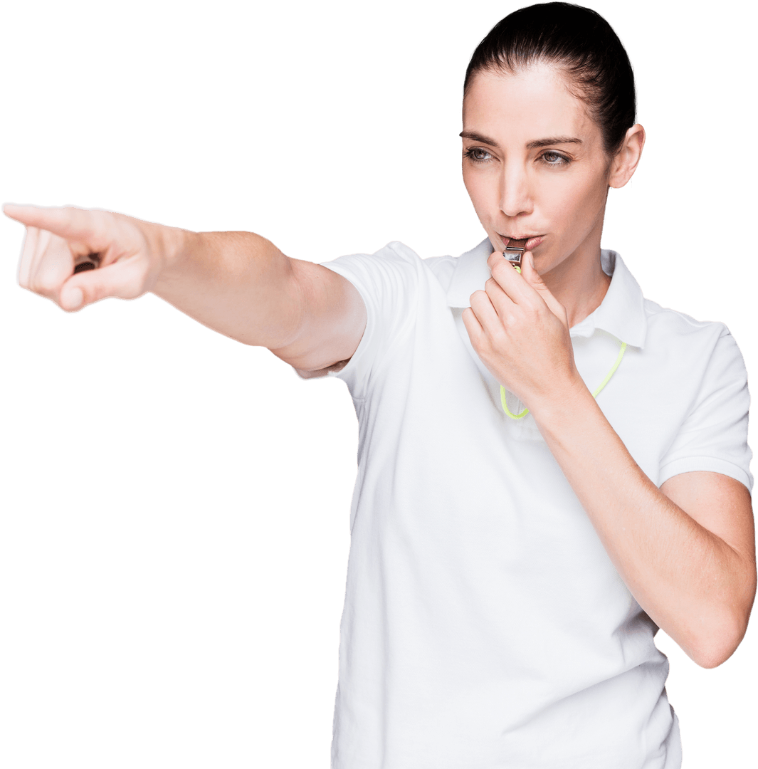 Female Referee Blowing Whistle and Pointing Transparent Background