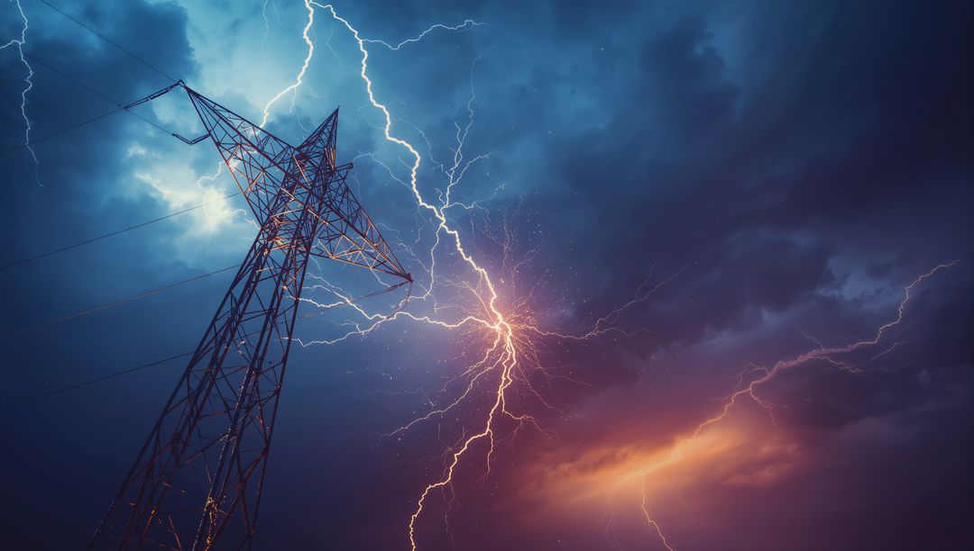 Lightning Striking Steel Lattice Tower Beneath Stormy Skies