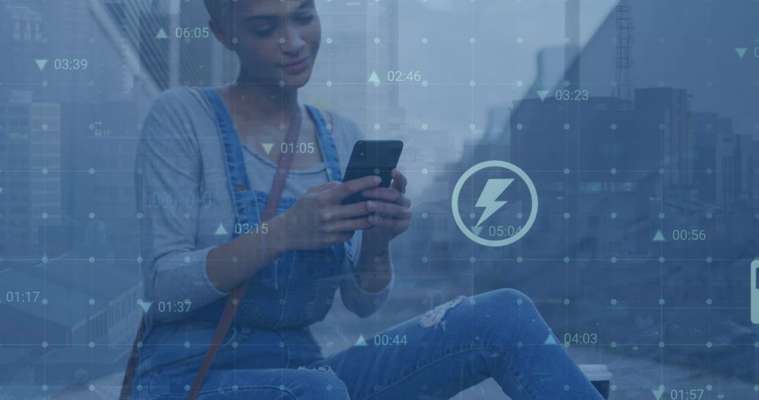Woman Using Smartphone with Digital Interface Overlay