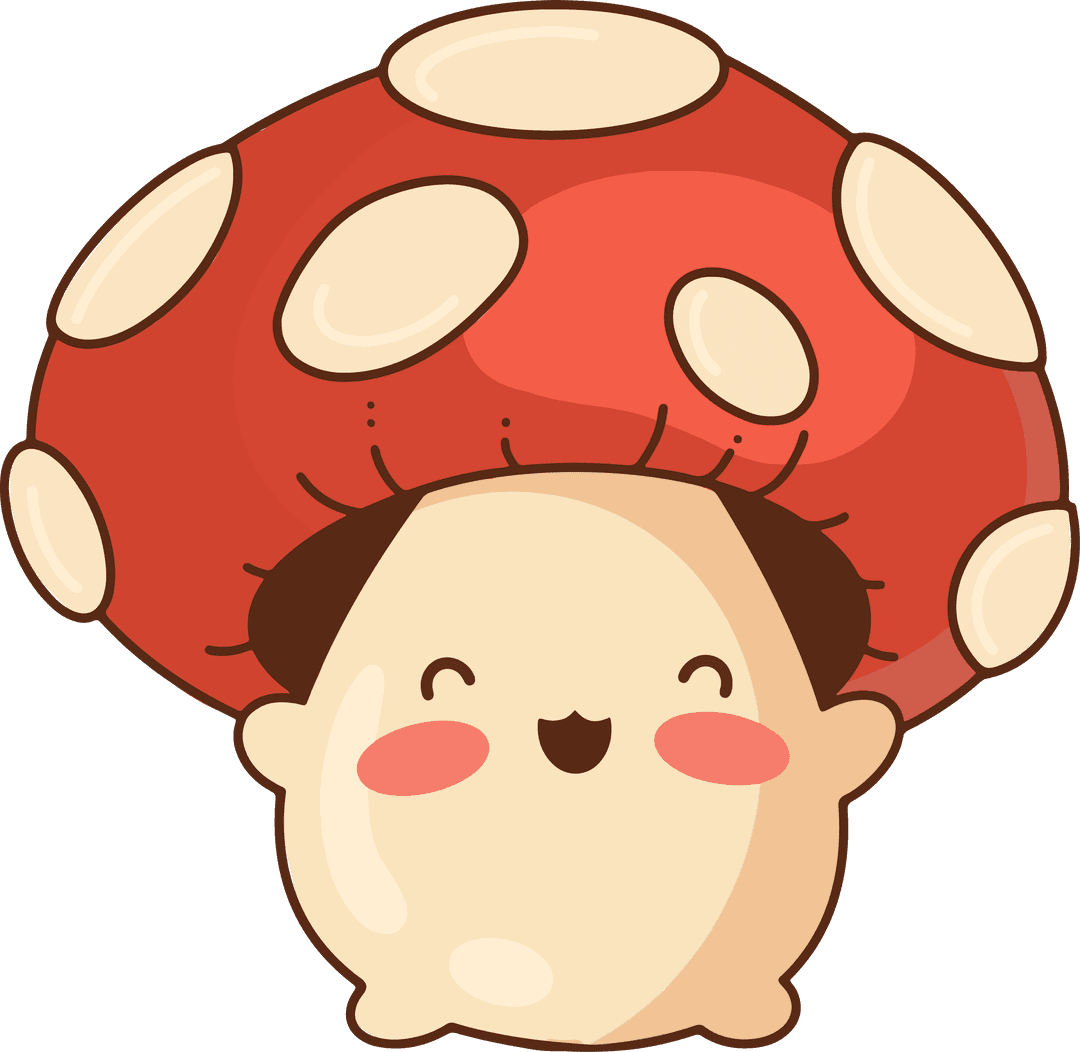 Kawaii Mushroom Character with Spotted Cap is Floating Transparent Background