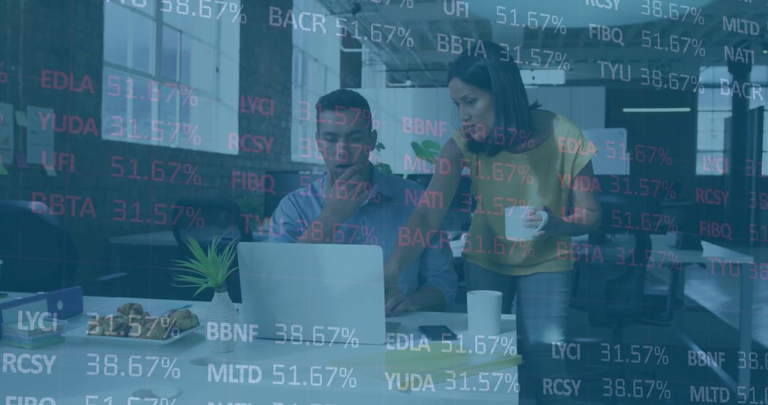 Professionals Collaborating in Modern Office with Stock Market Overlay