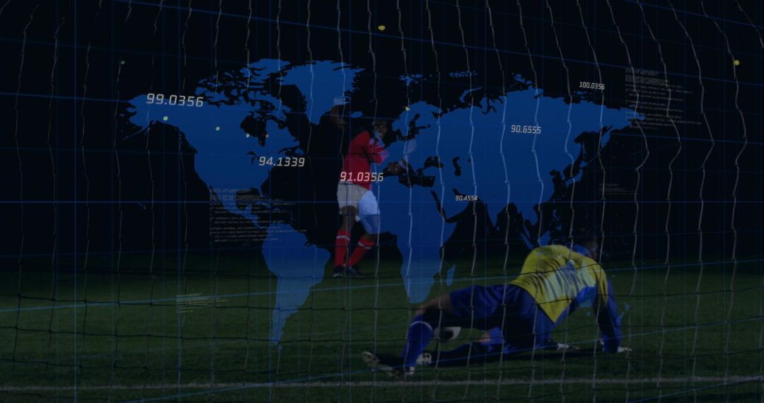 Dynamic Nighttime Soccer Action with Digital World Map Overlay