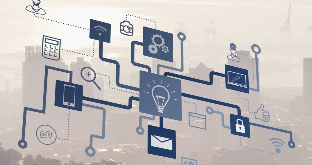 Digital Flowchart on Foggy Urban Skyline Conceptual Technology Vision