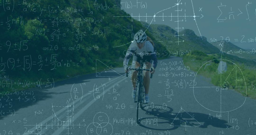 Cyclist Surrounded by Complex Mathematical Formulas on Open Road