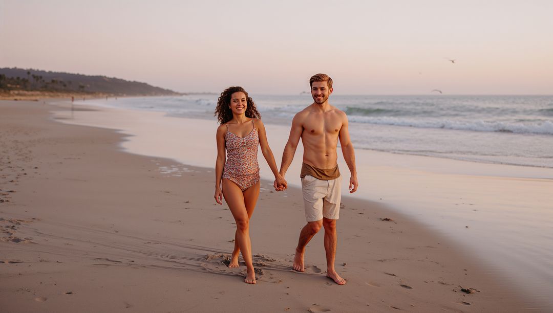 Sunset beach couple walking and smiling while holding hands on wet sand with waves