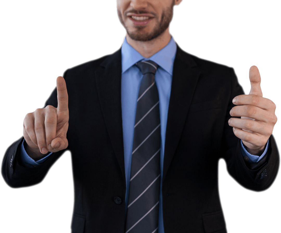 Businessman in Suit Using Transparent Virtual Interface Pointing