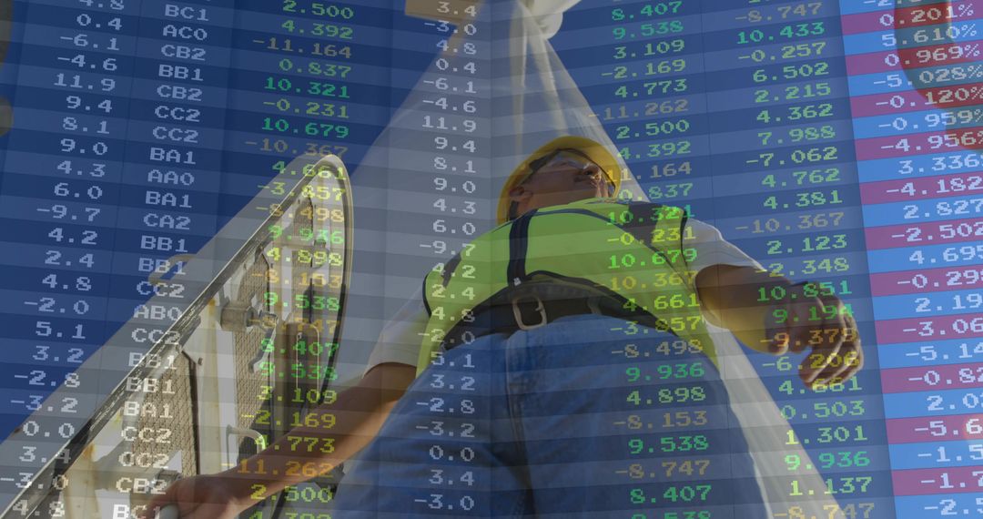 Construction Worker Overlaid with Financial Data Visualization